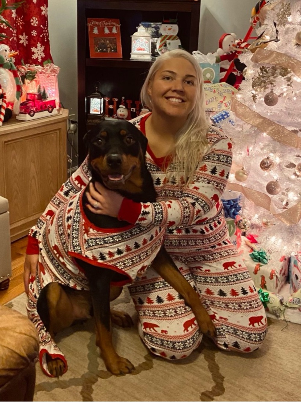 Matching adult women’s and pet pajamas for Christmas! 🎄